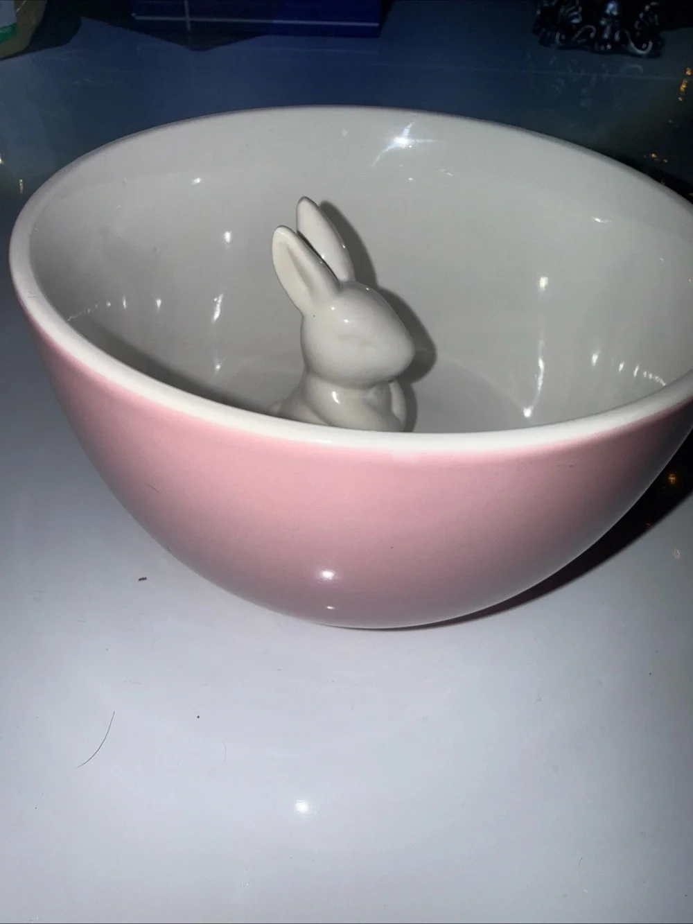 Kcare Pink & White Stoneware Bowl w Bunny in the Center See Pics For Measurement